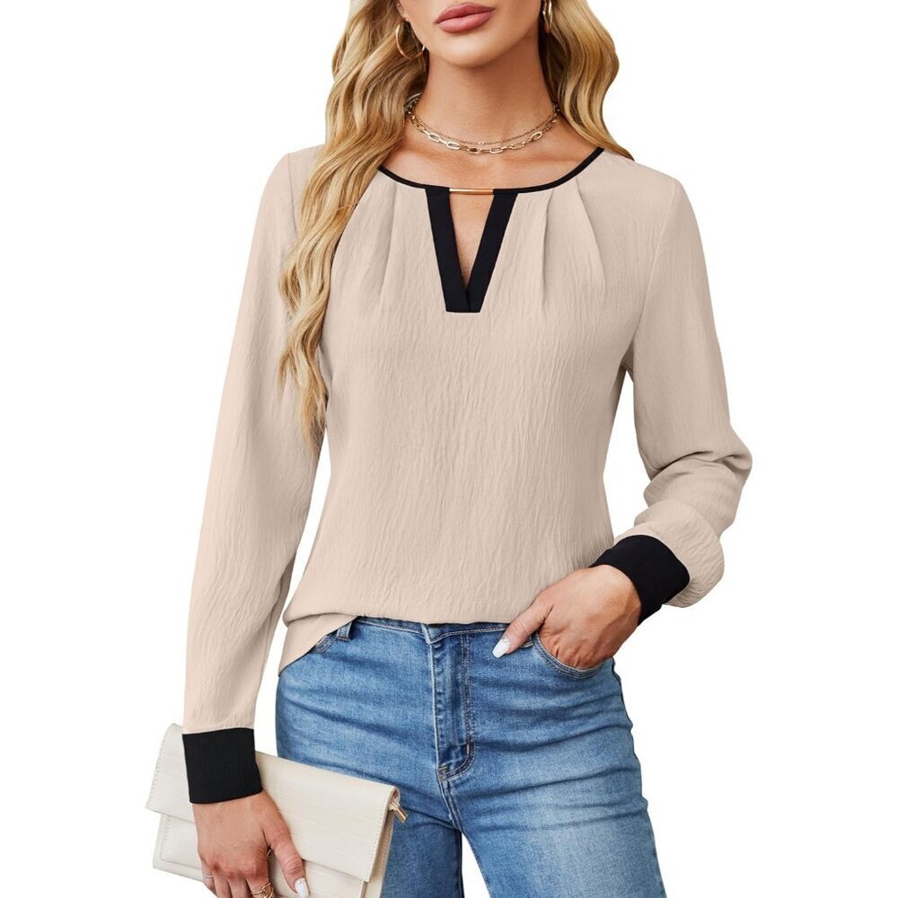Womens Long Sleeve Top Color Block Business Casual Fit Fall Outfits